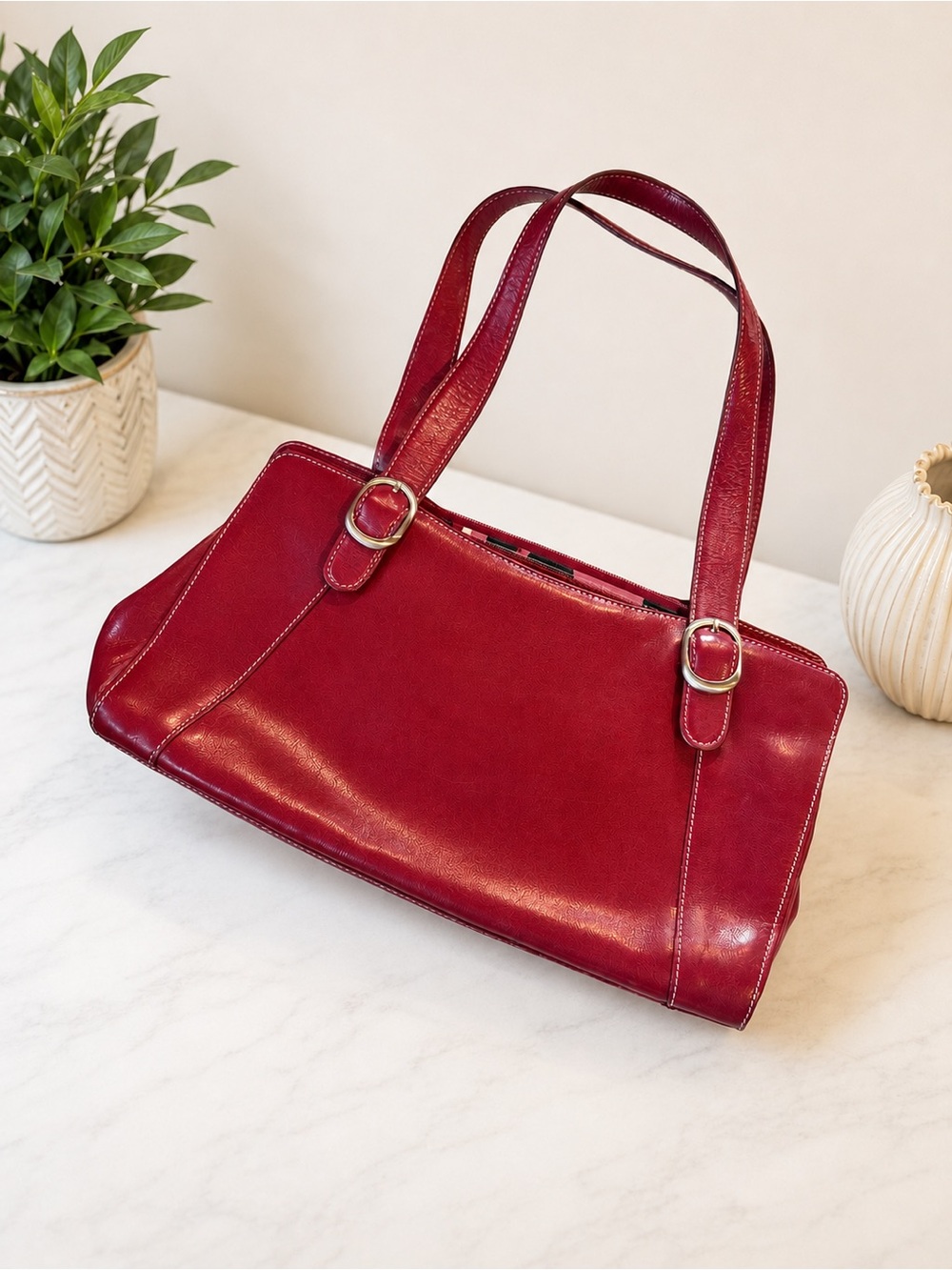Nordstrom Fine Leather Red Shoulder Tote Handbag Genuine Leather Classic Purse